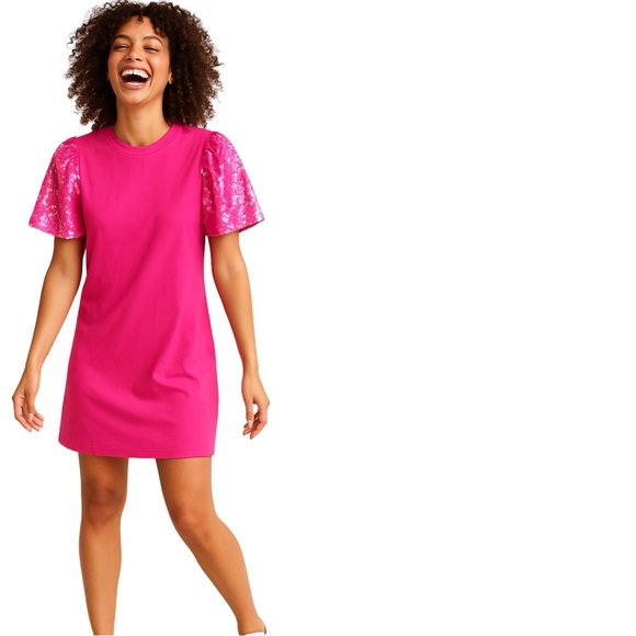 Judith March Hot Pink Sequin Puff Sleeve Shift Dress | Small Barbiecore Party 🎉 - Picture 2 of 9